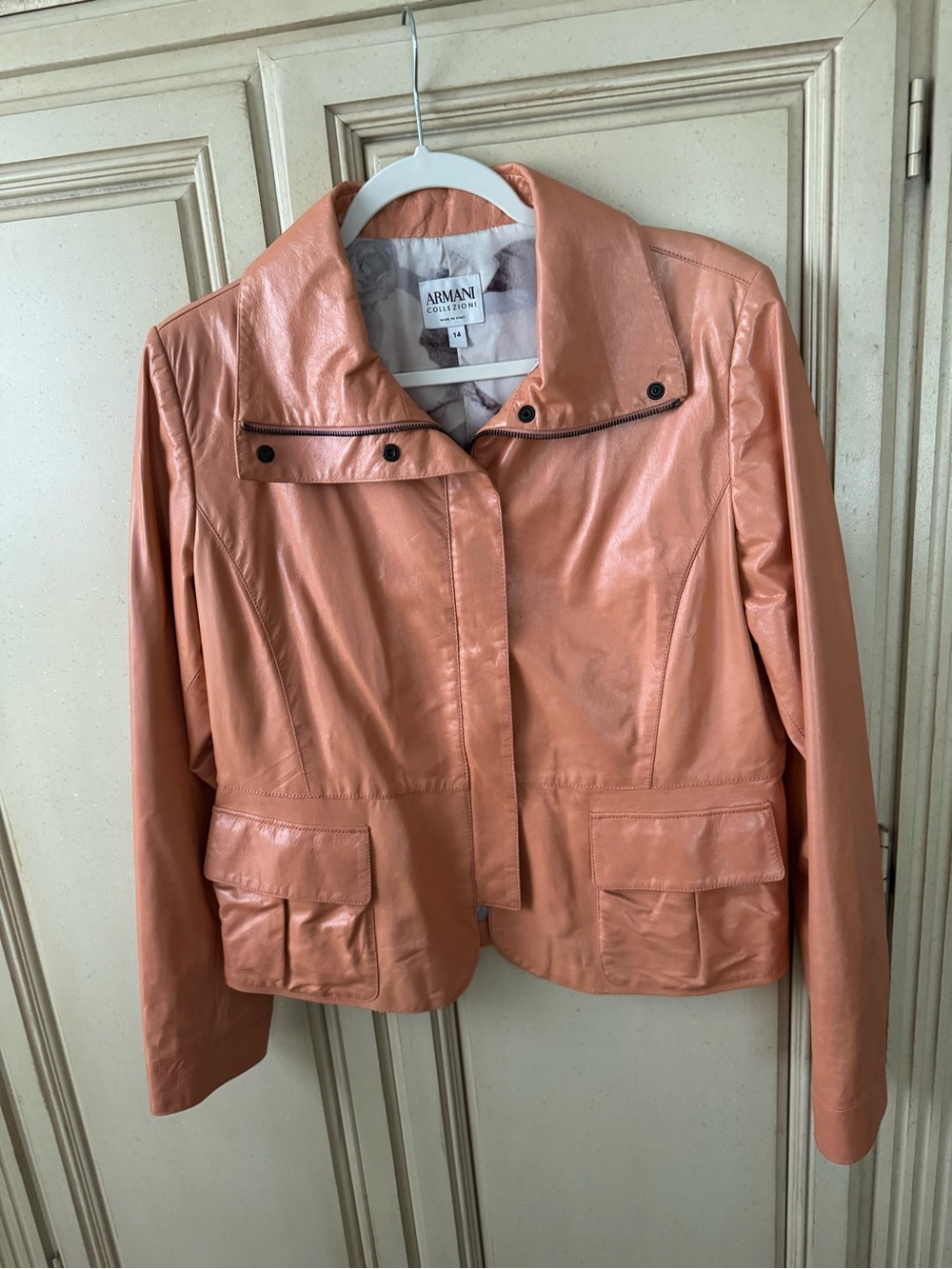 Armani Collezioni Peach Leather Jacket with Snap Collar